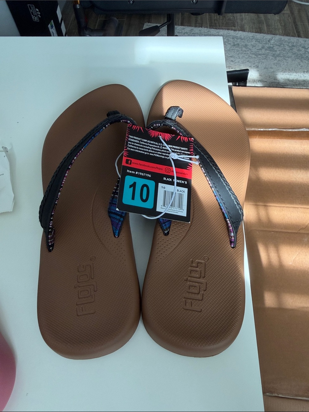 Flojos Brown Flip Flop Sandals with Black Straps - Size 10